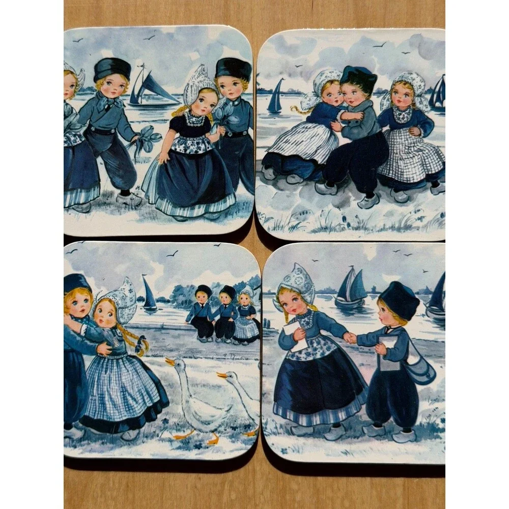 Set A Four Vintage Dutch Folk Art Coasters With Children Scenes
